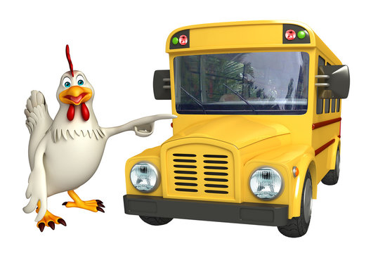 cute Hen cartoon character with school bus