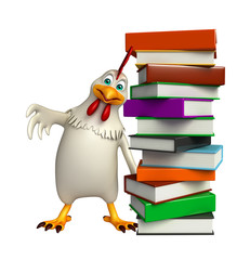 cute Hen cartoon character with books