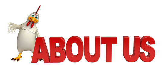 fun Hen cartoon character with about us sign