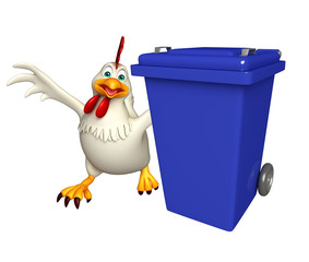 fun  Hen cartoon character with dustbin