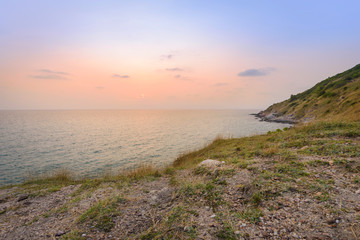 Fototapeta premium Long exposure shot. Sea scape with stone beach at Thailand
