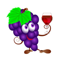 Grapes and  wineglass. Funny cartoon bunch of juicy purple grape fruit character with  wine glass. Isolated.