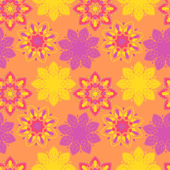 Seamless pattern with ornamental flowers in beautiful bright colors. Vector illustration