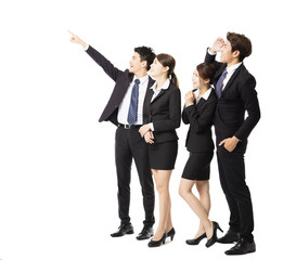 happy business group pointing and looking up