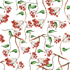 Seamless vintage pattern with a branch of red berries watercolor.
The pattern of Rowan red watercolor