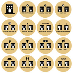 Acquisition, merger and takeover strategy vector icon set 