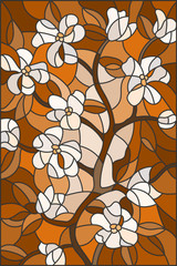 Fototapeta na wymiar Illustration in stained glass style with abstract cherry blossoms in brown tones