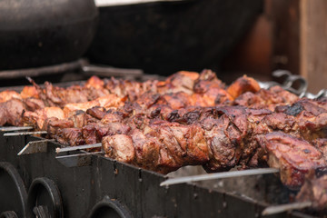 barbecue grill, skewers with meat, brazier, cauldron,