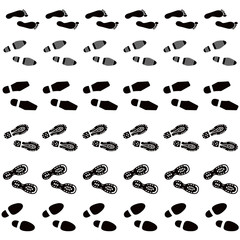 Shoes imprints, footprint and human step set. Print shoe sole and print of boot and foot human, step footprint trail or track.  Vector illustrators brushes collection