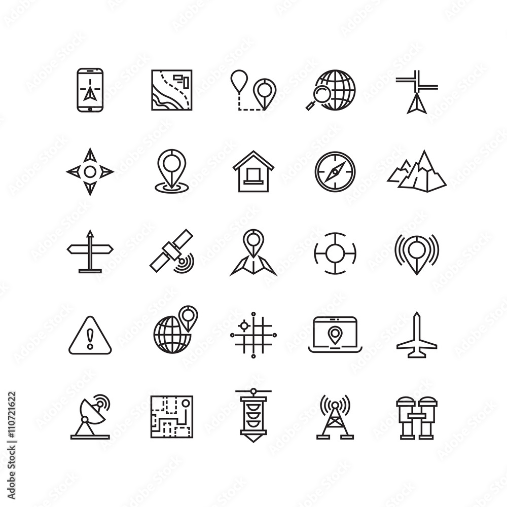 Poster outline location icons set. location web and location with mobile phone or laptop. vector illustrati