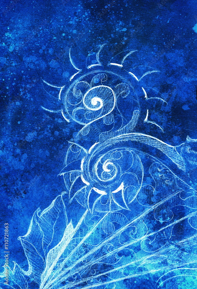 Poster ornamental filigran drawing with frozen winter time feelingt, spiral and abstract linear structure pattern Color effect and Computer collage.