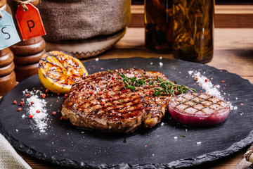 Juicy Beef rump steak from marble beef medium rare with spices a