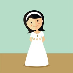 Recordatorio de primera comunión y una niña con vestido blanco