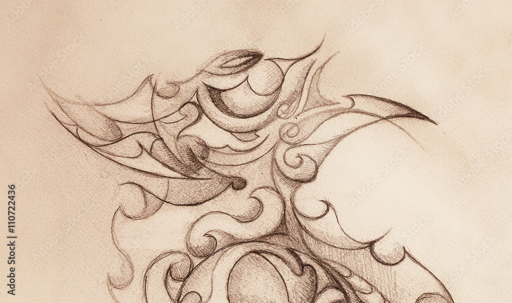 Poster ornamental drawing. original hand draw and computer collage. color structure.