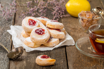 homemade jelly cookies puff pastry with red jam 