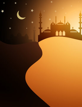 Desert and mosque Islamic background with crescent