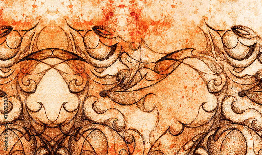 Poster ornamental drawing. original hand draw and computer collage. color structure.