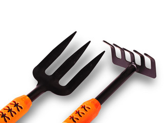 Gardening tools on the white background