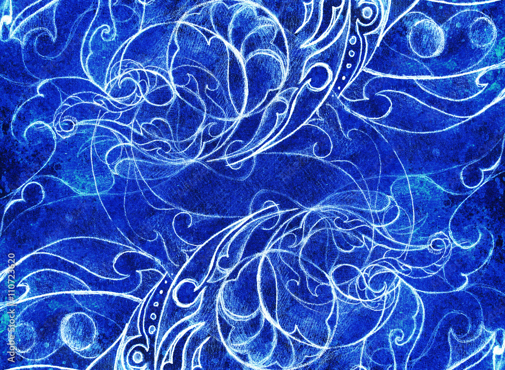 Poster ornamental filigran drawing with frozen winter time feelingt, spiral and abstract linear structure pattern Color effect and Computer collage.