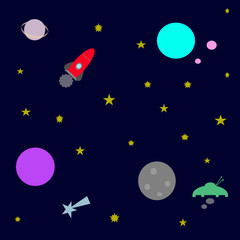 Space with planets, stars, shuttle and aliens