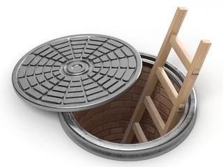 Opened street manhole with wooden ladder inside. 3D render illustration isolated on white background © djmilic