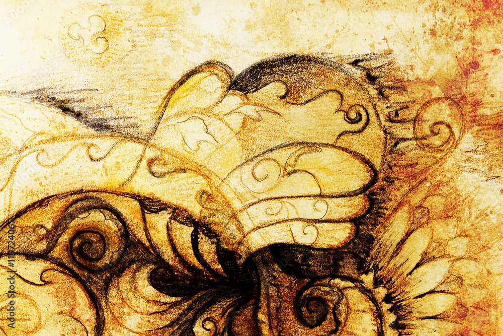 Poster ornamental filigran drawing on paper with spirals, flower petals and flame structure pattern, color 