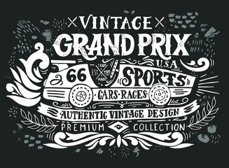 Vintage Grand Prix. Hand drawn grunge vintage illustration with