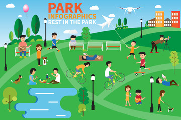 Rest in the park infographics elements, people having activities
