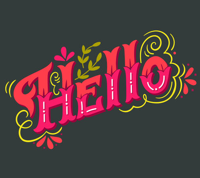 Hello spring. Hand drawn vintage lettering with floral decoratio