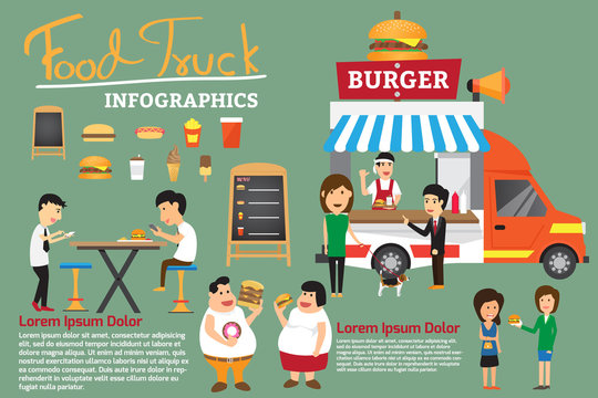 fast food on truck, small business concept infographics elements