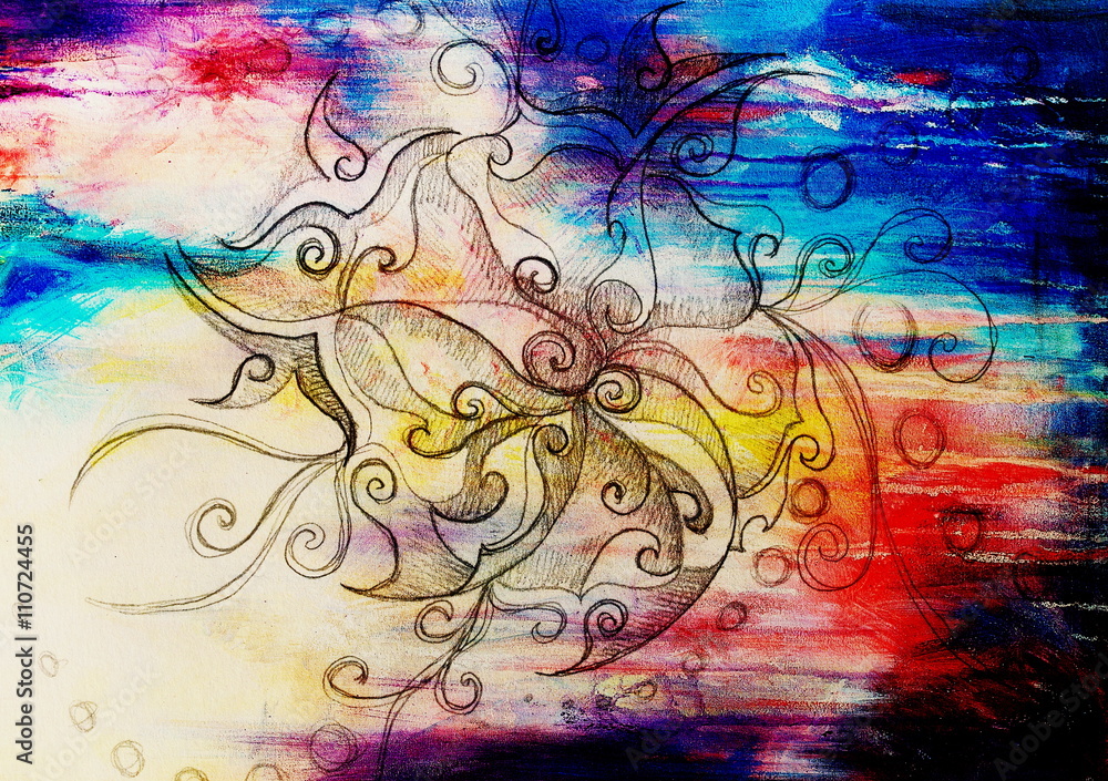 Poster ornamental filigran drawing on paper with spirals, flower petals and flame structure pattern, color 