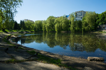 Urban small lake in Minsk at summer sunny day.