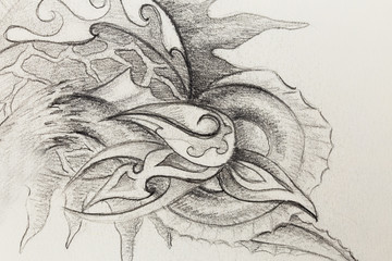 Ornamental Drawing. Original hand draw and computer collage. Color structure.