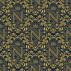 Damask seamless pattern repeating background. Golden blue floral ornament with N letter and crown in baroque style. Antique golden repeatable wallpaper.