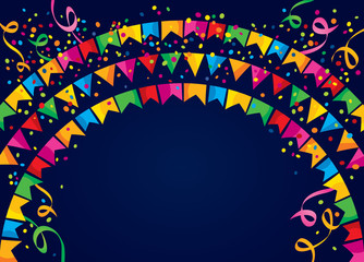 Dark background with many colorful flags and confetti on top