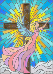 Naklejki  Ilustracja w stylu witrażu z aniołem na tle krzyża, nieba i chmur