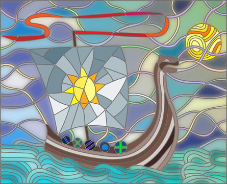 Illustration in stained glass style with antique ship against the sea, sky and sun