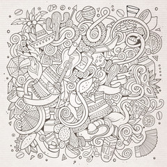 Cartoon hand-drawn doodles Latin American illustration. Line art