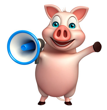 fun  Pig cartoon character  with loud speaker