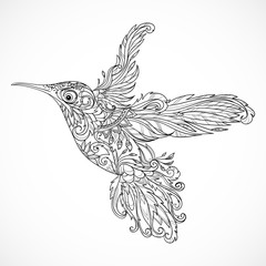 Hummingbird with floral ornament. Tattoo art. Retro banner, invitation,card, scrap booking. t-shirt, bag, postcard, poster.Highly detailed vintage style hand drawn vector illustration