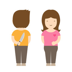 Fototapeta premium Smile couple have wicked intentions with knife behind, couple life concept