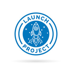 Launch new start up project icon with blue flying space rocket stamp symbol. Vector illustration.
