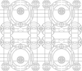 Black and white seamless texture with a Chinese pattern. Line drawing. Vector background. Chinese ornament