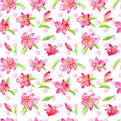 Lily flowers seamless pattern.Floral and circles on a white background.Watercolor hand drawn illustration.