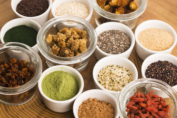 bowls of various superfoods