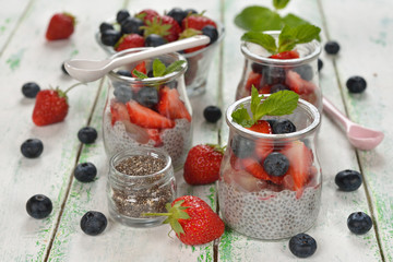 Chia pudding with strawberries and blueberries