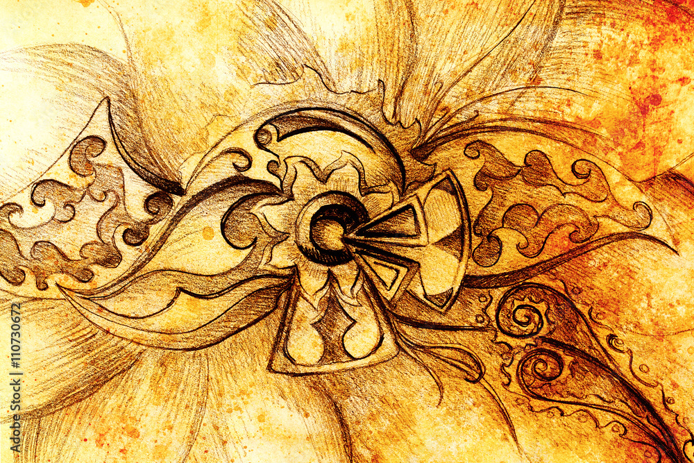 Aufkleber color drawing of ornamental flower structure. original hand drawn and computer collage. color struct