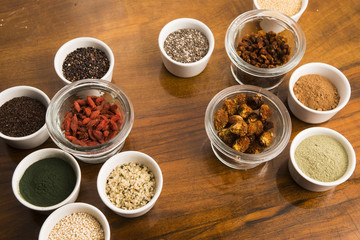 bowls of various superfoods