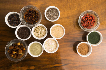 bowls of various superfoods