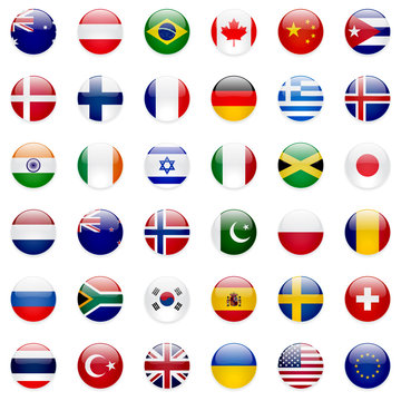 World flags vector collection. 36 high quality clean round icons. Correct color scheme.